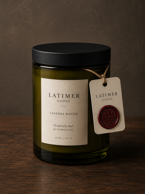 Latimer Goods Leather Bound Candle in olive green glass jar with ivory label and oxblood wax seal tag