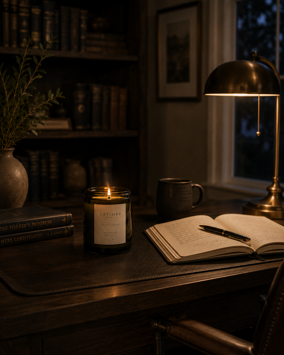 A lit candle in a dark glass jar sits on a wooden desk in a dimly lit study, surrounded by an open notebook, pen, a brass desk lamp, a mug, and a bookshelf in the background.